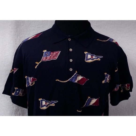 Round Tree & Yorke Mens XL Blue Flags Short Sleeve 4 Button Pullover Polo Shirt - Picture 2 of 12